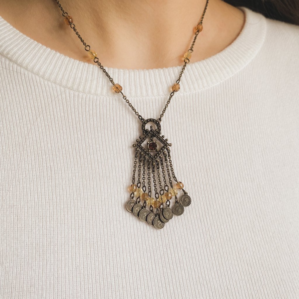 Lady Remington (Lia Sophia) Brass Tone Tassel Coin Fringe Pendant Chain Necklace